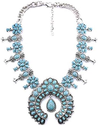 Lovage Bohemian Exaggerate Turquoise Flower Zinc Pendant Necklace Women Jewelry (Blue)