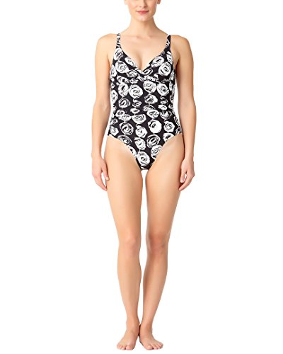 Anne Cole Women's Over The Shoulder Twist Front Underwire One Piece Swimsuit, Black and White, 14