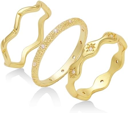 Gold Rings for Women Non Tarnish 14K Gold Plated Stackable Ring Set Simple Trendy Wave Rings Birthday Gifts for Mom Waterproof Gold Jewelry Size 5-10