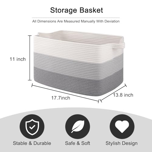 Image of OIAHOMY Cotton Rope Basket, Rectangle Woven Baskets for Storage, Nursery Blanket Storage Living Room, Toy Basket With Handle-17.7 inchx13.8 inchx11 inch-Gradient Grey