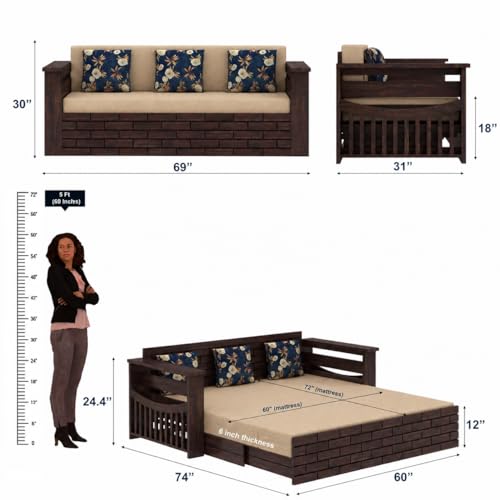 Image of Ganpati Arts Solid Sheesham Wood 3 Seater Italian Sofa Cum Bed with Storage and Side Pockets for Living Room Wooden Sofa Bed for Home - Walnut Finish 1 Year Warranty, 3-Person Sofa (Beige)