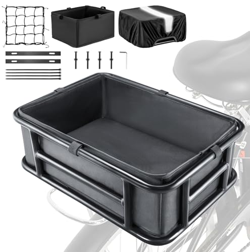 Bike Basket Rear with Liner,Waterproof Cover,Cargo Net Large Rear Bike Basket,Heavy Duty Bicycle Rear Basket for Electric Bike, Ebike,Great for Bike Trip,Carrying Grocery,Ball,Dog