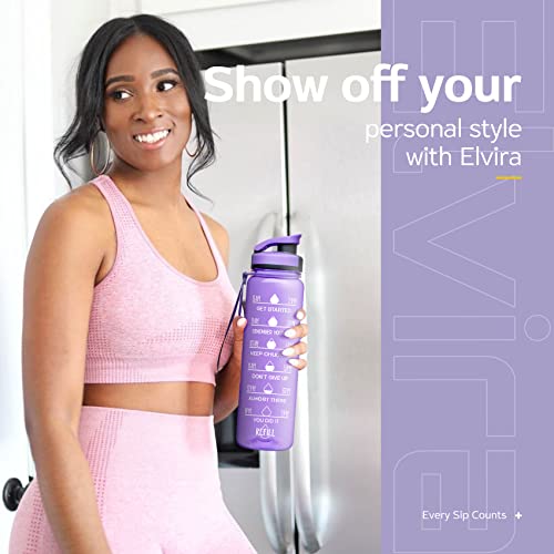 Image of Elvira 32oz Large Water Bottle with Motivational Time Marker & Removable Strainer,Fast Flow BPA Free Non-Toxic for Fitness, Gym and Outdoor Sports