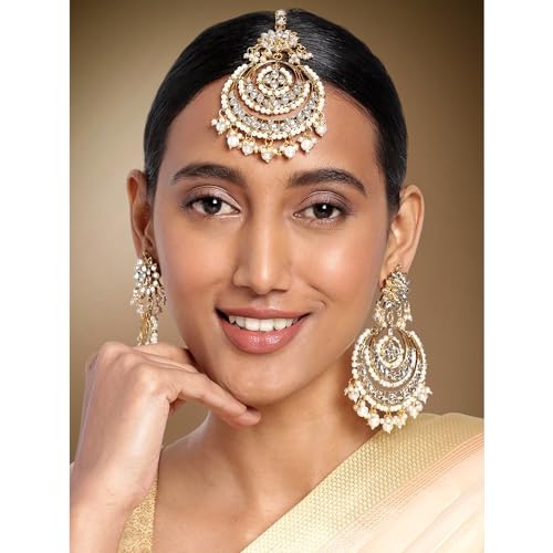 Image of Peora Traditional Jewellery Rhodium Kundan & Pearl Maang Tikka Earring Set for Women Girls