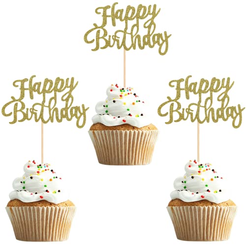 Secreden 24Pcs Happy Birthday Cupcake Toppers Gold Glitter Birthday Cupcake Picks Birthday Cake Decorations Baby Shower Anniversary Party Supplies #TOP6