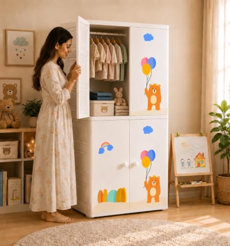 Image of HIWARE Premium Modular Wardrobe for Bedroom, Kids Room and Home | Spacious Clothes Storage Cabinet with Drawers and Shelves | Modern Stylish Design, Heavy Duty, Multiuse Organizer- SJ6529-Balloon-Bear