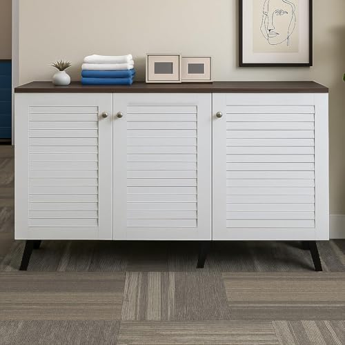 Image of Mevigo Wooden Shoe Rack Cabinet for Entryway - Modern 3 Door 6-Tier Storage Organizer, Wooden Cupboard for Home, Space Saving Shoe Rack Wallnut Shoes Storage Cabinet -White-VA1