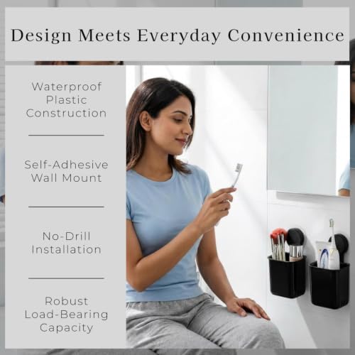 Image of SHALVI Plastic Toothbrush Holders for Bathroom | Wall Mounted Toothbrush Holder | Toothbrush Holders for Toothbrushes | Bathroom Shelf for Wall (2 Toothbrush Holder - Black)
