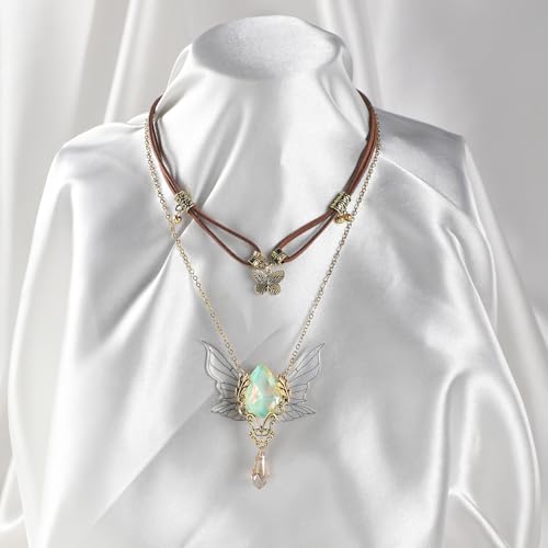 MOSTORY Renaissance Hippie Vintage Necklace - Layered Butterfly Neckalce for Women Cosplay Fairycore Outfit Halloween4