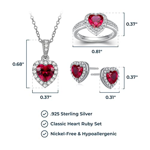 Morgan & Paige .925 Sterling Silver Created Ruby And Created White Topaz Halo Heart Pendant Necklace, Stud Earrings, And Size 7 Ring Set - July Birthstone #TOP4