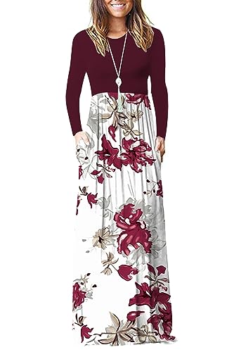 AUSELILY Damen Langarm Maxikleider Lässige Langkleider mit Taschen Winter Rote Blume Weiß L