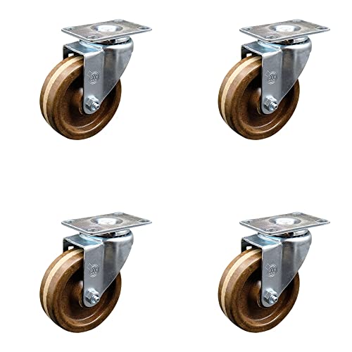 High Temperature Phenolic Swivel Top Plate Caster Set of 4 with Roller Bearings - 4 Inch Brown Wheels - Includes 4 Swivel - 1200 lbs. Total Capacity - Service Caster Brand
