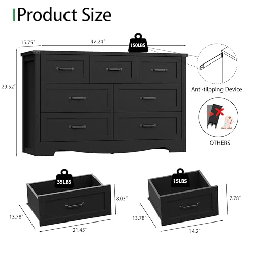 Image of Dresser for Bedroom with 7 Drawers, 48 inch Wide Modern Chest of Drawers with Deep Drawers & Mental Handle, Wood Dresser TV Stand, Wooden Closet Storage Organizer for Living Room, Hallway, Entryway, Black