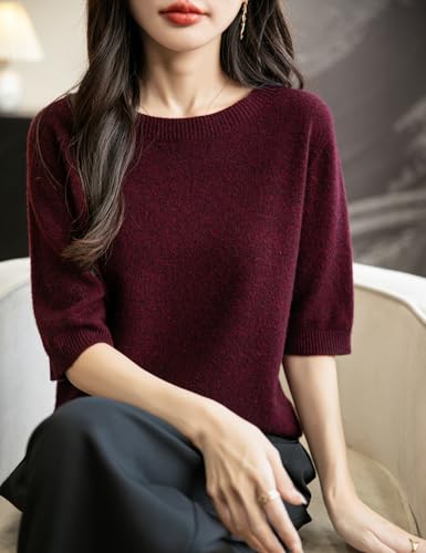 Women's 100% Merino Wool Spring Fall Winter First-Line Ready to Wear Seamless Knit Crewneck Short Sleeve Sweater2