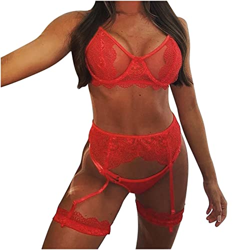 Zainafacai Women's Lingerie for Sex Play 2 Pieces Embroidered Lace Bra Thong with Garter Underwear Corset Babydoll