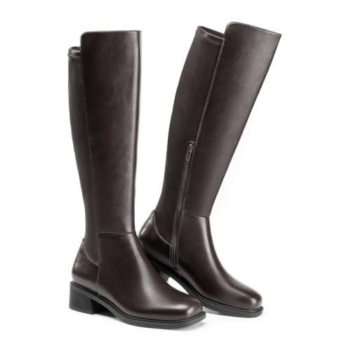 Athlefit Knee High Boots Women Square Toe Block Low Heel Stretch Leather Chocolate Brown Boots Fall Riding Shopping Long Tall Booties 5.5 — view 6