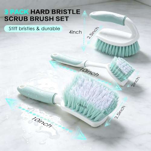 Image of 3 Pack Bathroom Scrub Brush Set, Heavy-Duty Scrub Brushes for Cleaning | Green Scrubbing Brush with Non-Slip Handle and Stiff Bristles for Cleaning Floor, Bathtub, Tub, Tile, Gap, Kitchen, Sink
