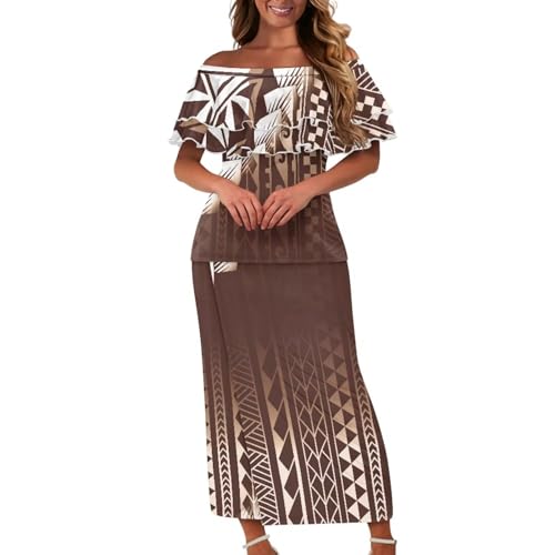 Polynesian Puletasi Samoan Traditional Women's Ruffle Off Shoulder Top Skirt 2pcs Set Long Party Maxi Dress Set