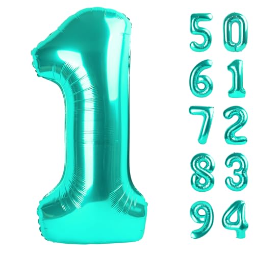 Image of 40 Inch Teal Blue 1 Balloon for First Birthday, 1st Number Balloons Birthday Decorations, One Giant Number 1 Balloon