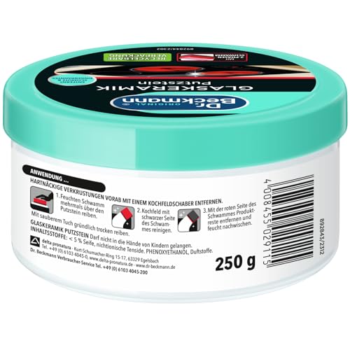Foto von Dr. Beckmann Glaskeramik Putzstein | effektiver Kochfeld-Reiniger gegen hartnäckigen Schmutz | inkl. Spezialschwamm | 250 g (1er Pack) | Verpackung kann abweichen