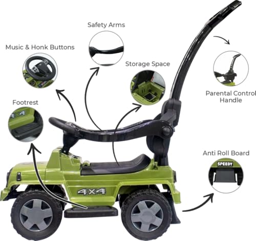 Image of Joyride Speedy Plus 4x4 Large Size Ride on Jeep with LED Headlight | Music |Seat Storage| Safety guardrail |Parental Handle | Big Wheels for Kids 1 to 4 Years (Green)