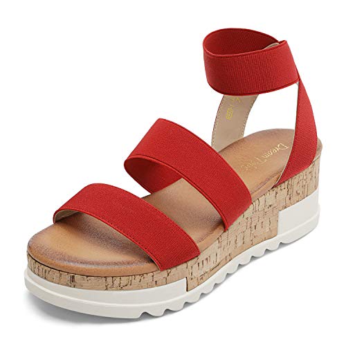 DREAM PAIRS Women's Open Toe Elastic Ankle Strap Casual Flatform Platform Wedges Sandals 5 Red