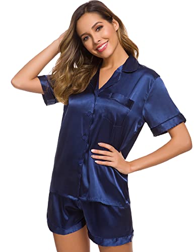 Image of SWOMOG Womens Silk Satin Pajamas Set Short Sleeve Sleepwear Button Down Top and Shorts Loungewear 2 Piece Pjs Set XS-3XL Navy Blue Solid X-Large