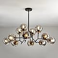 UOFUS 12-Light Glass Globe Sputnik Chandelier Mid-Century Modern Matte Black and Gold Ceiling Light Fixture Vintage Hanging Pendant Light for Bedroom Living Room Kitchen Farmhouse Dining Room