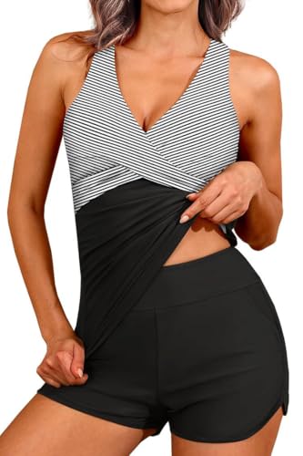 Yutdeng Tankini Mujer Traje de Baño 2 Piezas Bañador Push Up con Relleno Cuello V Bañadores Reductores con Bolsillos Bikini Pantalon Bañador Vientre Plano Tankinis de Mujer Ropa de Baño,Rayas,L