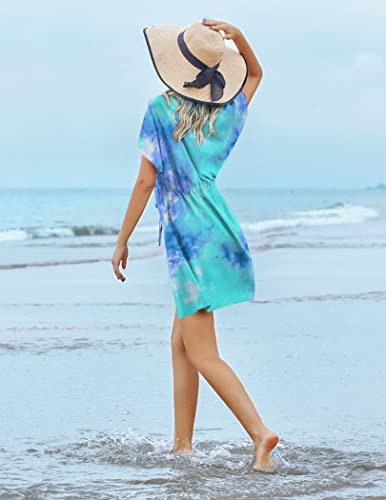 Image of Ekouaer Womens Swimsuit Coverup Short Sleeve Beach Cover Up Dress V Neck Bikini Beachwear