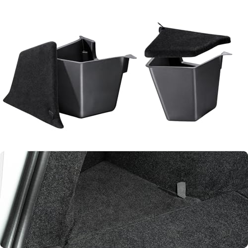BASENOR 2025 2026 Tesla Model Y Trunk Storage Bins (Proprietary Design) Trunk Organizer with Carpeted Lid Rear Trunk Side Storage Box for 5-Seats Model Y Juniper Interior Accessories