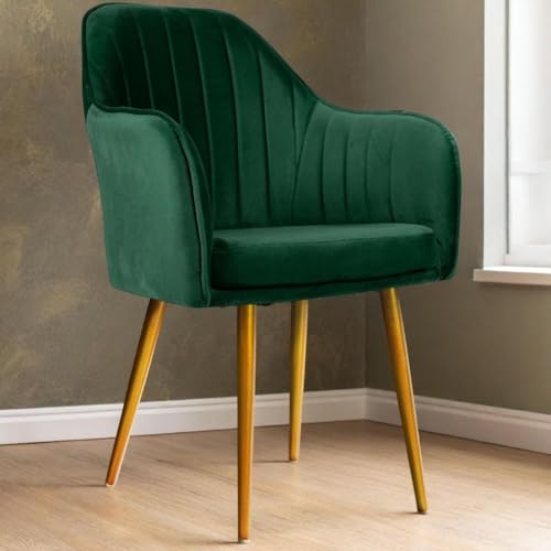 Image of Velvet Accent Chair | Luxury Upholstered Armchair with Sturdy Metal Legs | Modern Comfortable Chair for Living Room, Bedroom, Office, or Cafe (Golden Legs, Green)