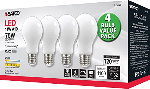 Image of Satco S12438 A19 LED 4-Bulb Value Pack, 75W Replacement, 2700K, White
