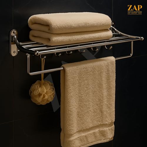 Image of ZAP Ocean Series Towel Rack /Stainless Steel Towel Holder (24 Inch) with Hooks | Bathroom Accessories | Set of 1 | Premium Chrome Finish