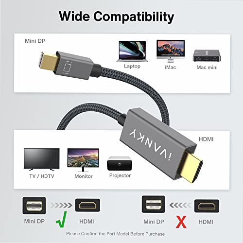 IVANKY Câble Mini DisplayPort vers HDMI, câble Mini DP/Thunderbolt vers HDMI, pour MacBook Air/Pro, Microsoft Surface Pro, iMac, Lenovo thinkpad,écran, projecteur et autres – 2m, gris