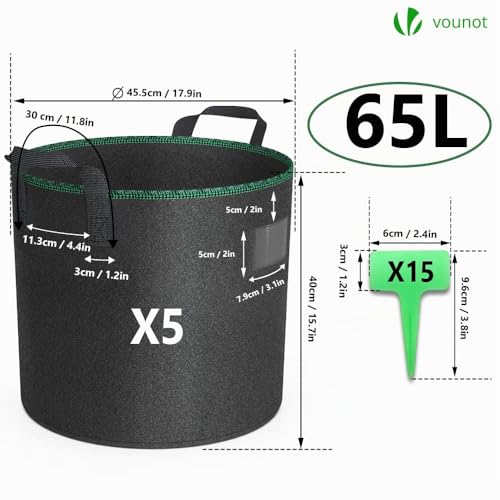 Miniatura 2 de Vounot 5 Piezas Bolsas De Cultivo Plantas 65l, Maceta De Tela Cultivo De Patatas Con Asas Y Etiquetas De Plantas, Bolsa De Siembra No Tejida Para Papas Tomates Fresas