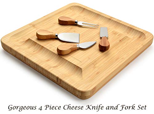 Harcas Bamboo Cheese Board and Knife Set Best for Serving Cheese, Crackers, Salami and Food. Size: 33cm x 33cm x 3.5cm. Christmas, Weddings and House Warming Gift