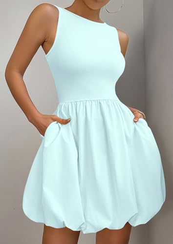 Image of PRETTYGARDEN Summer Dresses for Women 2026 Casual Mini Short Cocktail Dress Sleeveless Tank Crew Neck Bubble Sundress Pockets