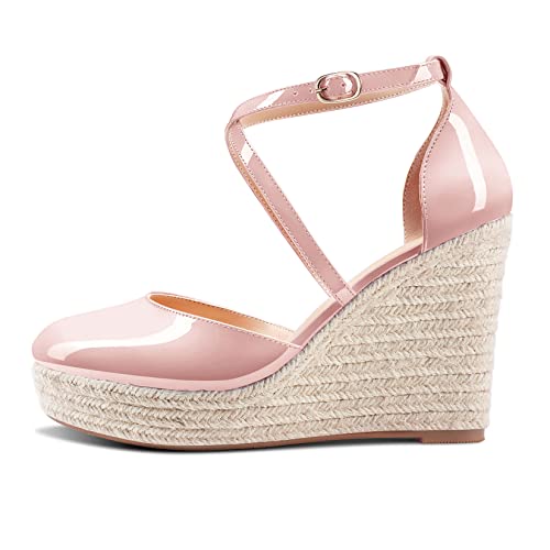 Aachcol Women Wedge Platform Pumps Round Toe Ankle Strap Chunky Block High Heel Dress Shoes Pumps Wedding Patent 4 Inch2