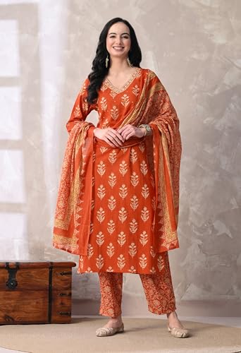 Image of MEERA FAB Women Floral Printed Sequined Cotton Straight Kurta with Palazzos & Dupatta | Sanganeri Print
