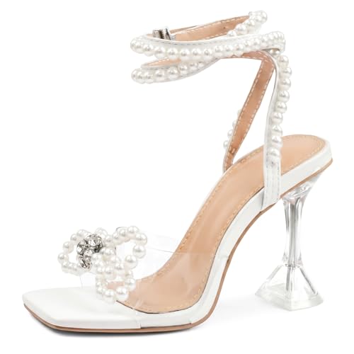 Image of Yolkomo Women's Square Toe Clear Heels Sexy Rhinestone Bow Heels Open Toe Ankle Strap Stiletto High Heel Sandals