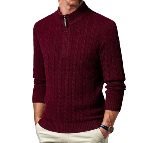 Mens 100% Wool Quarter Zip Sweater Long Sleeve Cable Knit Mock Neck Polo Casual Pullover Sweaters