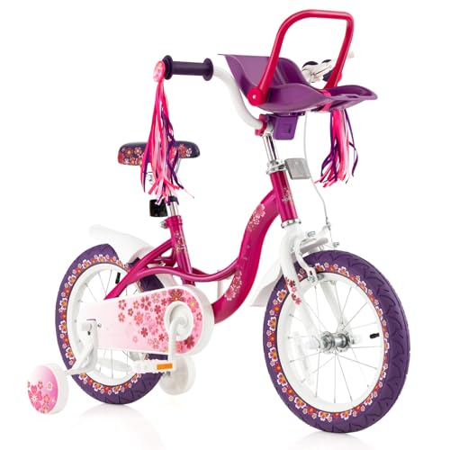 Image of BABY JOY Retro Kids Bike, 12 14 16 18 Inch Child Bike for 3-8 Years Old w /Rattan Basket, Adjustable Height, Training Wheels, Fenders, Handbrake Coaster Brake, 95% Pre-Assembled Kids Bicycle for Girls