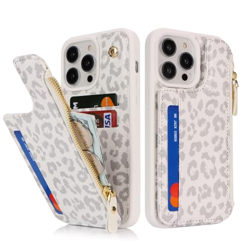 iPhone 13 Pro Max hoes portemonnee wit luipaard PU-leer met kaarthouder, ritssluiting en magnetische sluiting - Afbeelding 3