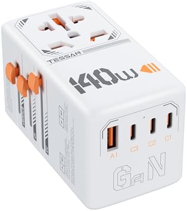 TESSAN 140W GaN Reiseadapter Weltweit mit 3 USB C und 1 USB A, Weiß | 140W Schnellladung Reisestecker Adapter Weltweit, Universal Reiseadapter für EU USA UK Thailand Australien, Tr