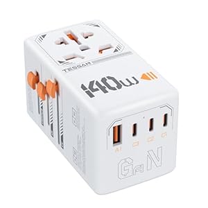 TESSAN 140W GaN Reiseadapter Weltweit, Schnellladung Adapter, Reisestecker Weltweit mit 3 USB C, 1 USB A, Travel Adapter für EU US UK Italien Japan Thailand Australien Kanada