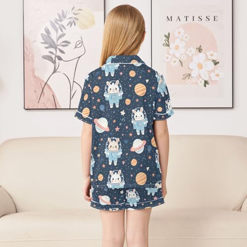 ALAZA Astronaut Bunny Rabbit Star Pajamas Satin Pajama Set Short Sleeve Button Down Sleepwear4