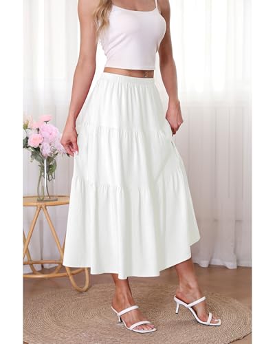 Kingfancy Women's Boho Midi Skirt A-Line Ruffle Elastic High Waist Tiered Flowy Skirts2