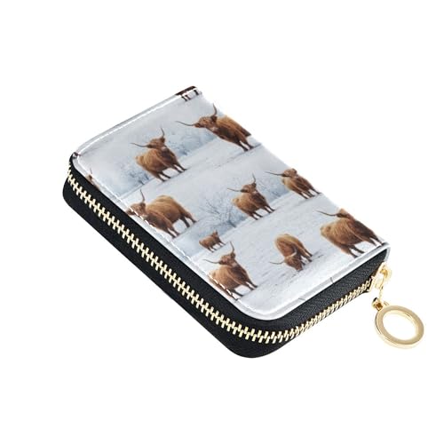Small Wallet Women RFID Blocking Credit Card Wallets Leather Zipper Change Purse with Key Ring Winter Highland Cows Snow
