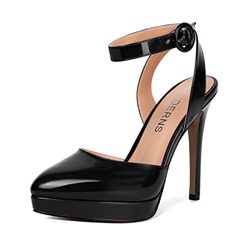 WAYDERNS Womens Ankle Strap Patent Fashion Party Slingback Platform Buckle Round Toe Stiletto High Heel Pumps Shoes 4.7 Inch